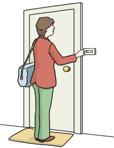 Illustration einer Frau mit Handtasche, die an einer Tür klingelt