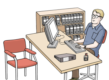Illustration eines Mannes an einem Schreibtisch mit Akten im Hintergrund
