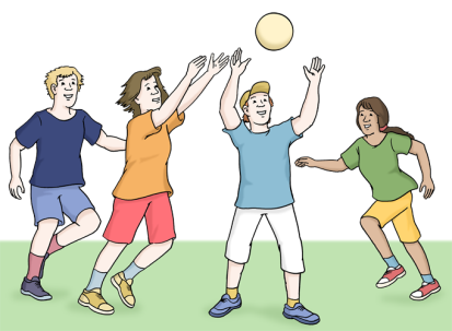 Illustration von vier verschiedenen Personen, die mit einem Ball spielen