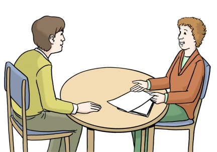 Illustration von zwei Personen an einem runden Tisch, die sich unterhalten