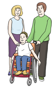 Illustration zweier Elternteile mit einem Kind im Rollstuhl in der Mail
