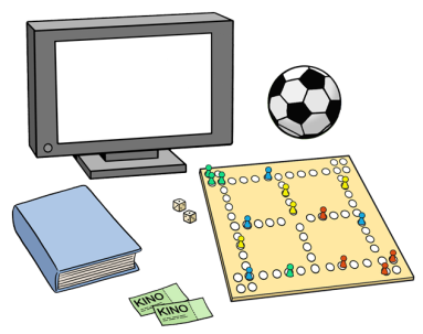 Illustration von Fernseher, Fußball, Kinokarte, Buch und Brettspiel