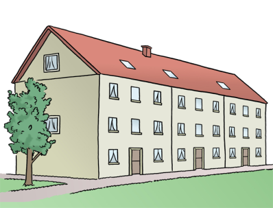 Illustration einer Häuserreihe mit drei Türen, einem Baum und einem Vorgarten