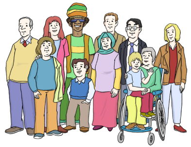 Illustration einer Gruppe von Personen mit unterschiedlicher Kleidung, Hautfarbe und Größe