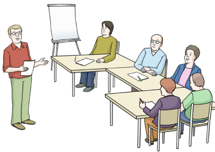 Illustration einer Gruppe sitzend an Tischen und einer Person davor stehend mit einem Whiteboard