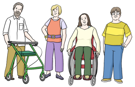 Illustration von vier Personen im Rollstuhl, am Rollator oder stehend mit Blick zur Kamera