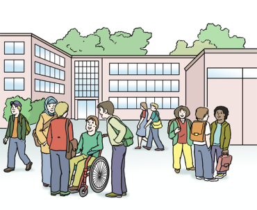 Illustration eines Schulgebäudes mit davor liegendem Schulhof und mehreren Schülern