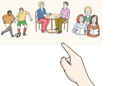 Illustration einer Hand, die auf drei unterschiedliche Hobbys zeigt: Fußball spielen, Kaffee trinken und singen