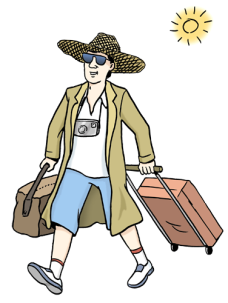 Illustration einer Person mit Sonnenhut, Reisetasche und Koffer